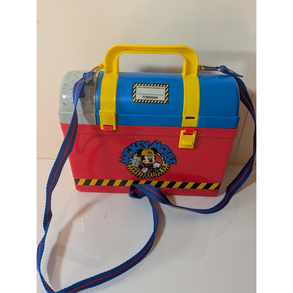 Vintage Disney Mickey Mouse Construction Co Toolbox Lunch Box Strap Red Blue